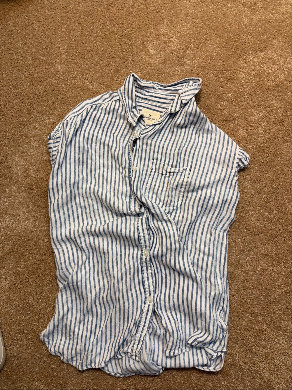 Aerie Blue and White Striped Short-Sleeve Button-Down Shirt